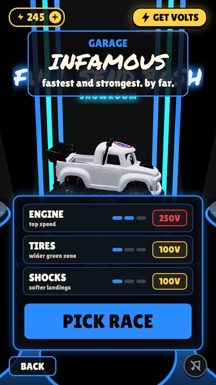 The showroom garage: INFAMOUS, a white truck, with engine, tires and shocks upgrades priced in volts.