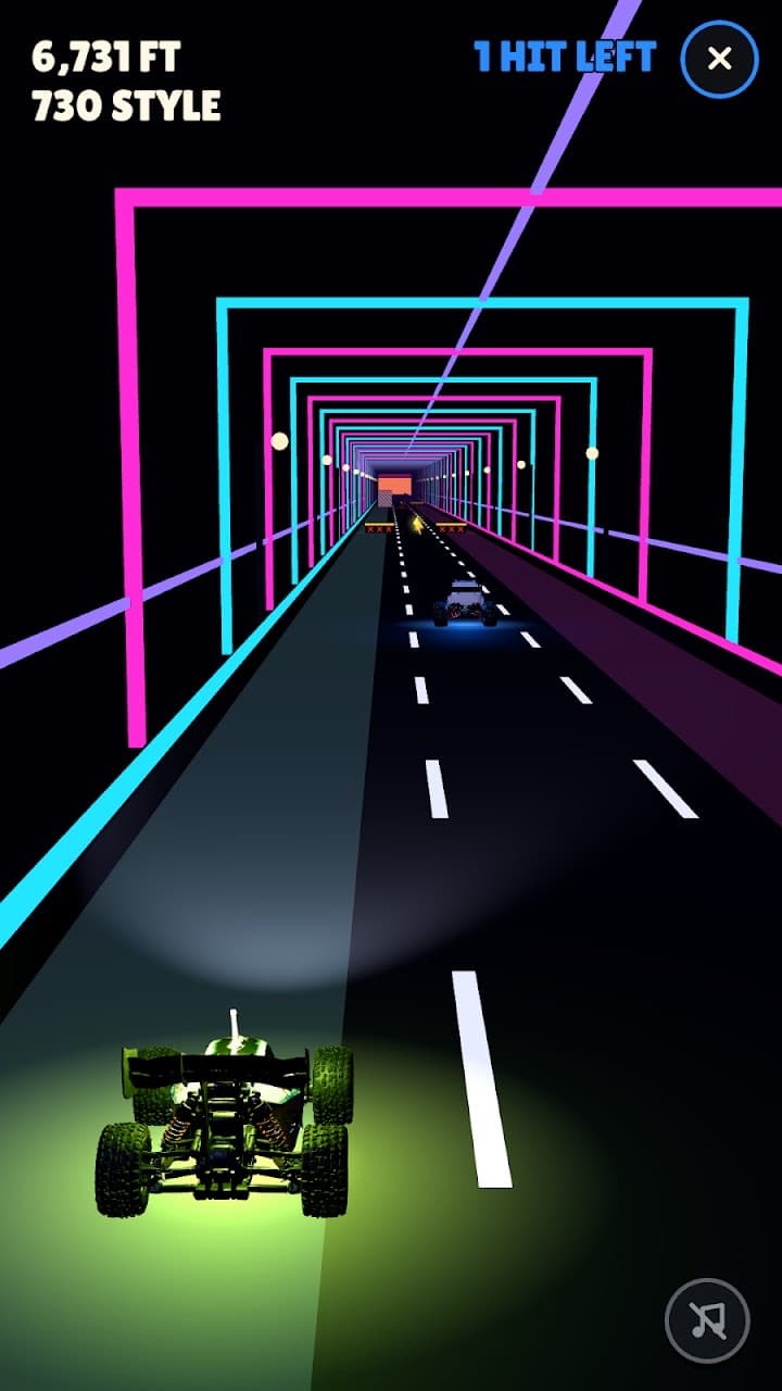 The neon run: a green buggy on a night highway under pink and blue neon arches, 6,731 ft in.