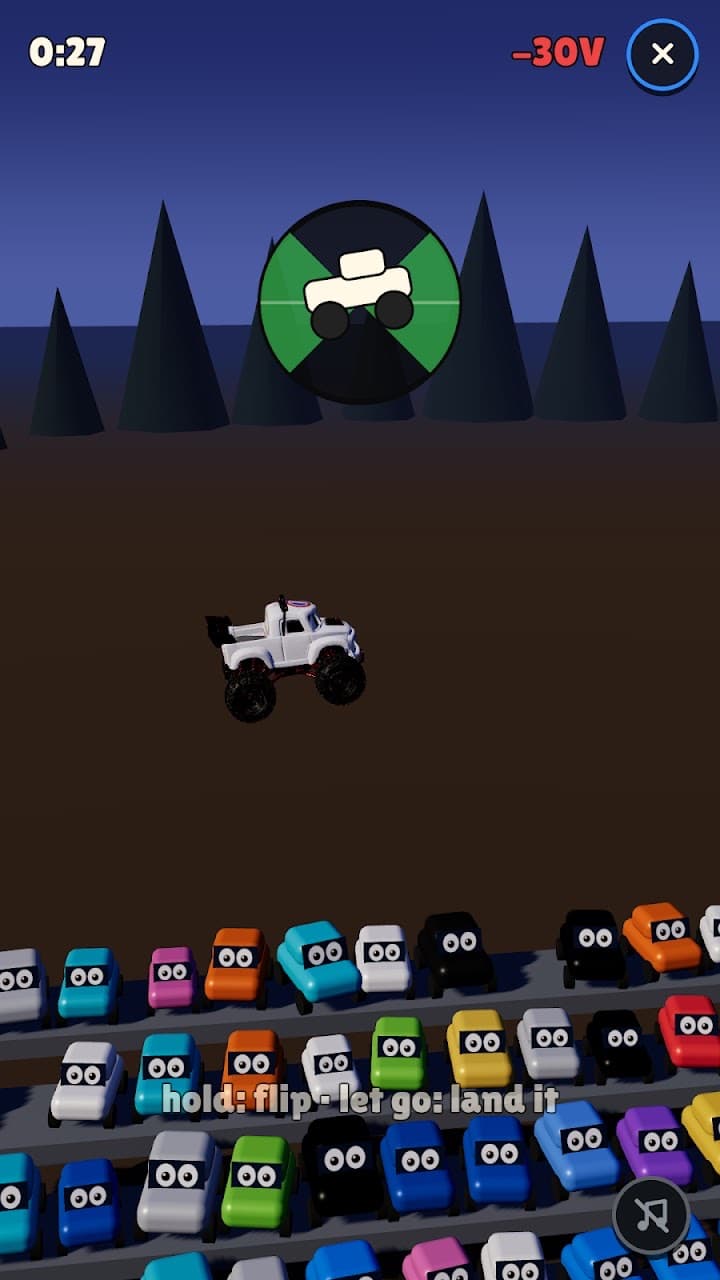 Backflip bounty: INFAMOUS in the air over the dirt, with the clock at 0:27 and a crowd of toy cars watching.