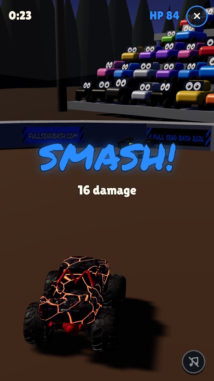 Demolition derby: the cracked-lava truck lands a hit. SMASH! 16 damage.