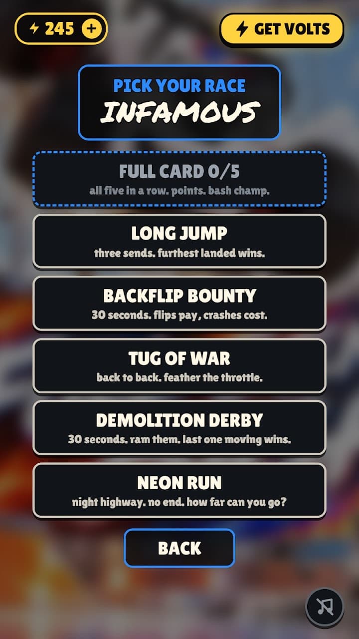Pick your race: the full card, long jump, backflip bounty, tug of war, demolition derby and neon run.