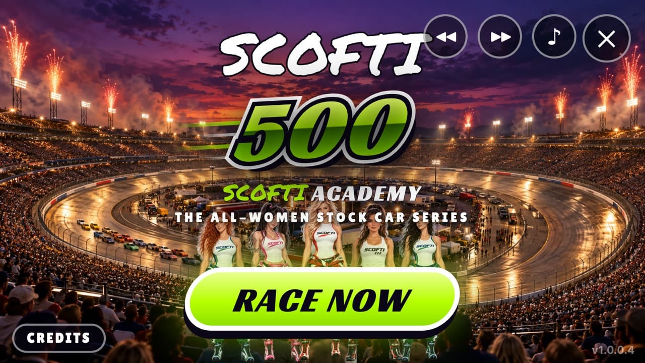 The Scofti 500 title screen: the Scofti Academy drivers in front of a floodlit oval, and a Race Now button.