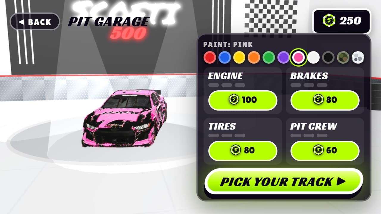 The pit garage: a pink car on the turntable, with engine, brakes, tyres and pit crew upgrades priced in chips.