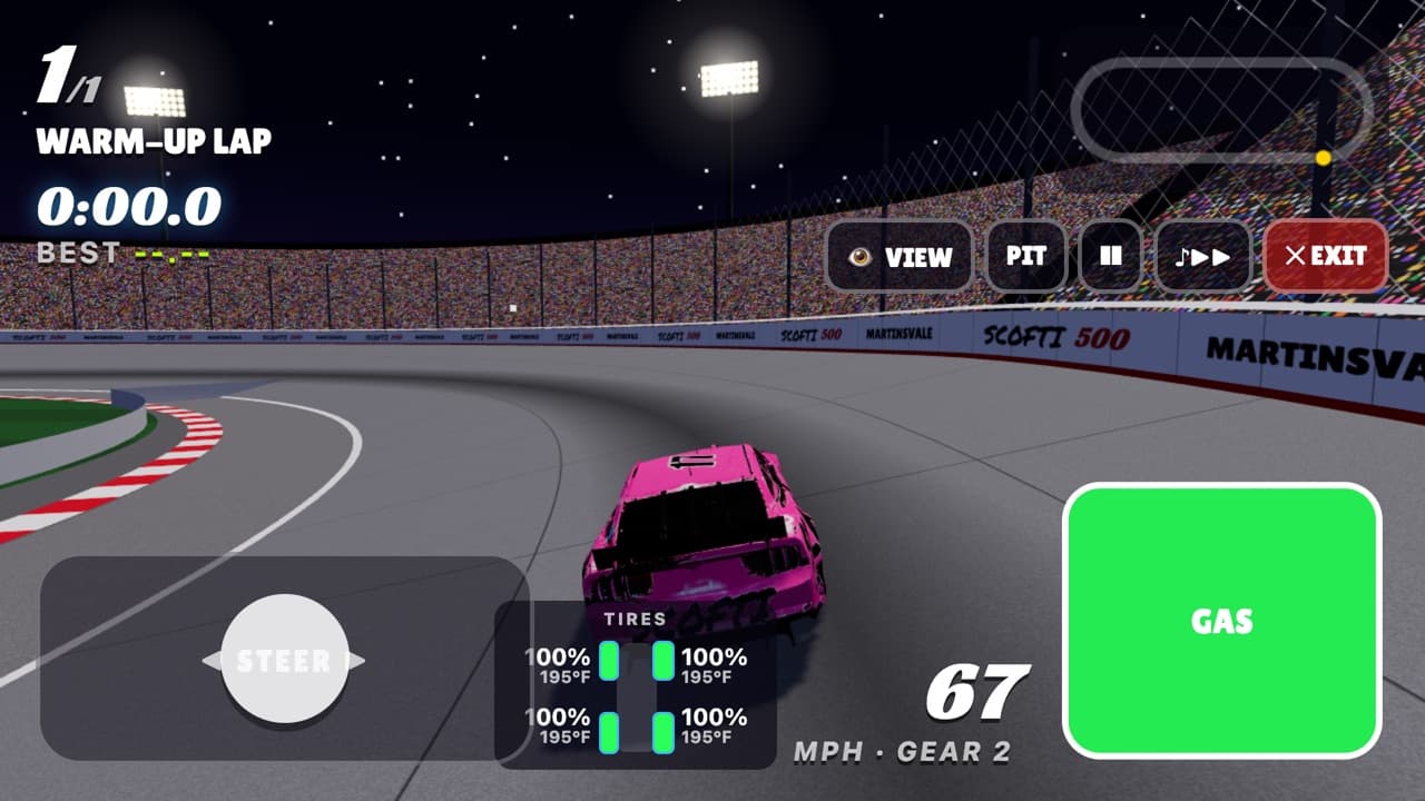 A lap of Martinsvale at night, with tyre temperatures and wear on screen.
