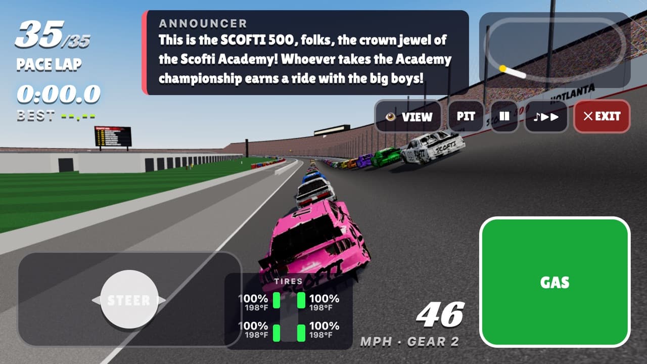 The pace lap at Hotlanta, at the back of a 35-car field, as the announcer welcomes the crowd.