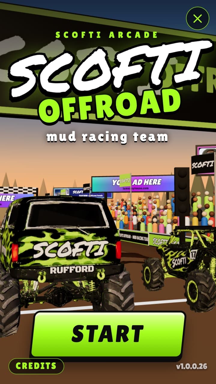 The Scofti Offroad title screen: two black-and-lime rigs at the start line in front of the crowd.