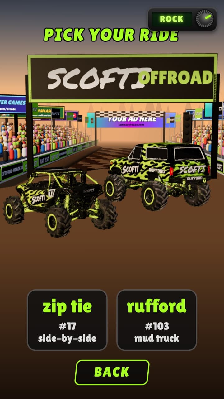 Pick your ride: Zip Tie, the #17 side-by-side, or Rufford, the #103 mud truck.