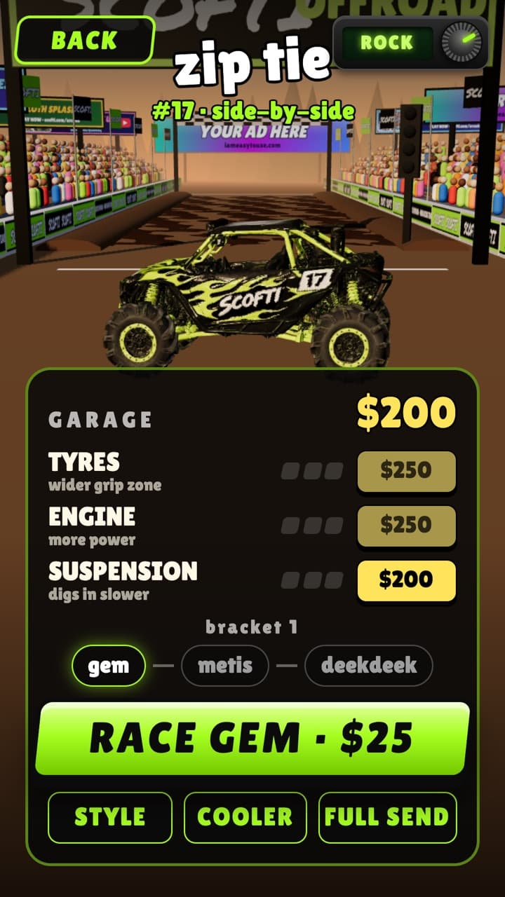 The garage: tyres, engine and suspension upgrades, and the drag bracket against Gem, Metis and Deekdeek.