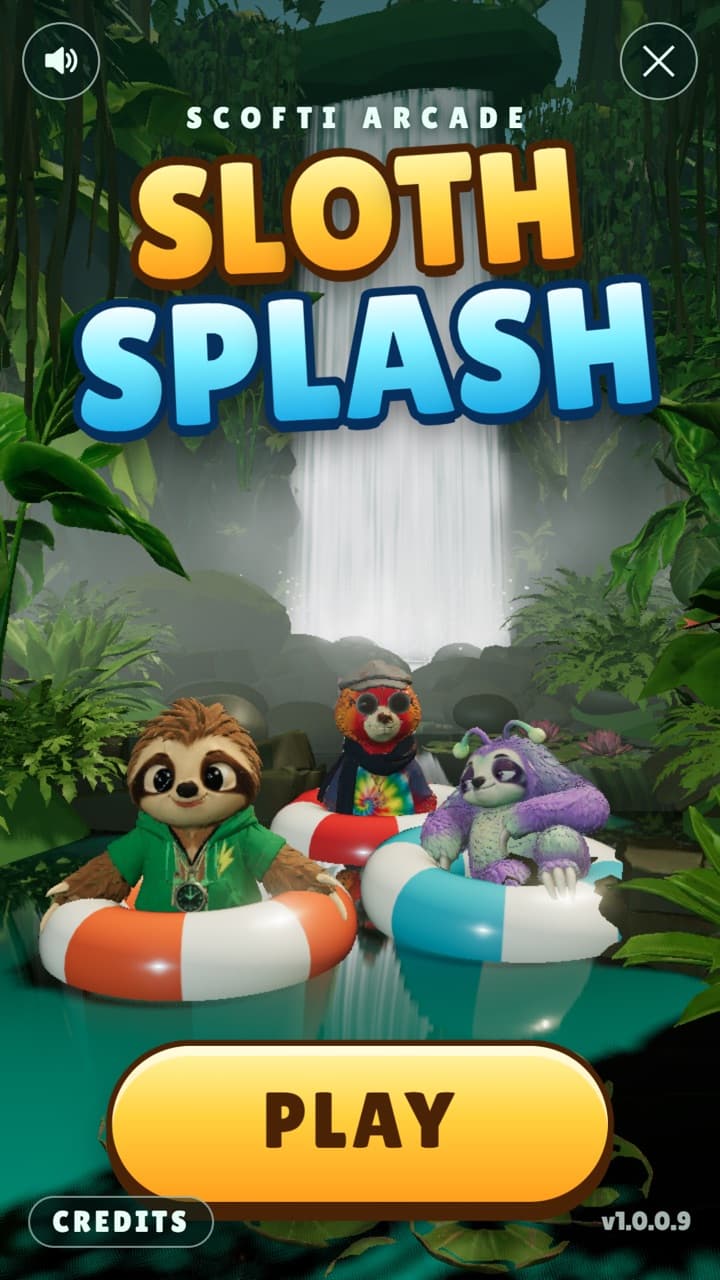 The Sloth Splash title screen: three sloths in rubber rings by a jungle waterfall, and a Play button.