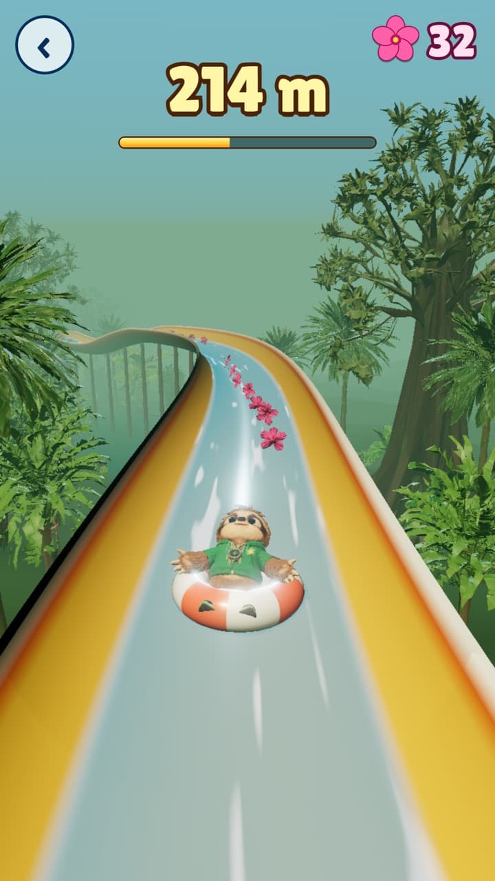 The Sloth rides a yellow slide through Sunny Jungle, 214 metres down, with pink flowers ahead.