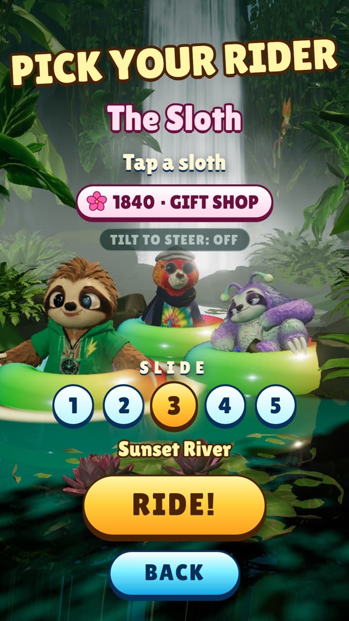 Pick your rider: three sloths in tubes, a slide picker from 1 to 5 and a Ride button.
