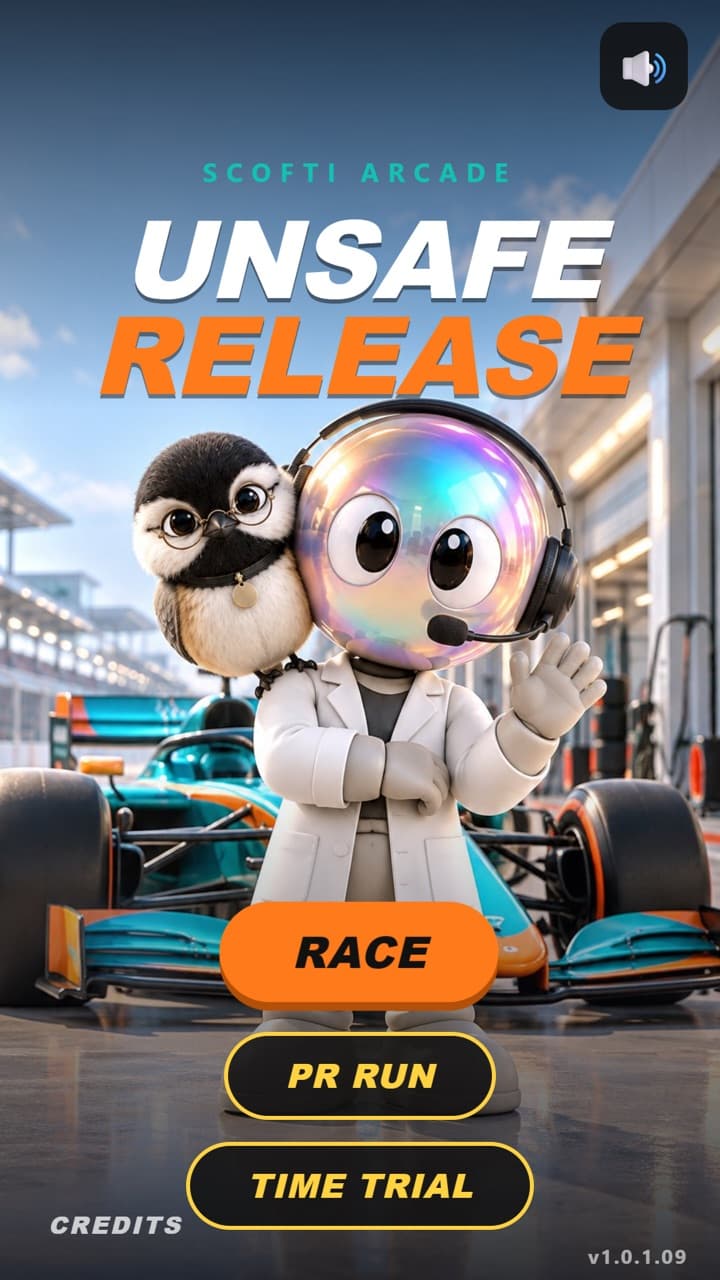 The Unsafe Release title screen, with Race, PR Run and Time Trial buttons.