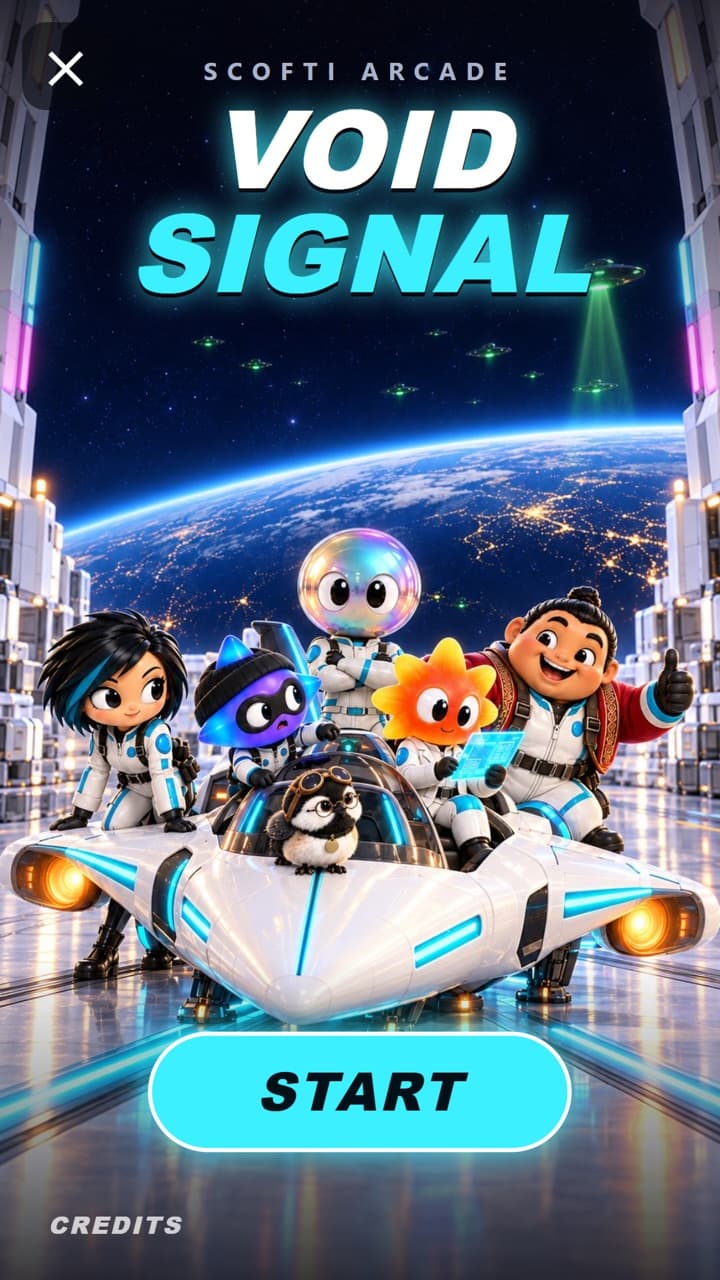 The Void Signal title screen: the crew on a white starship, and a Start button.