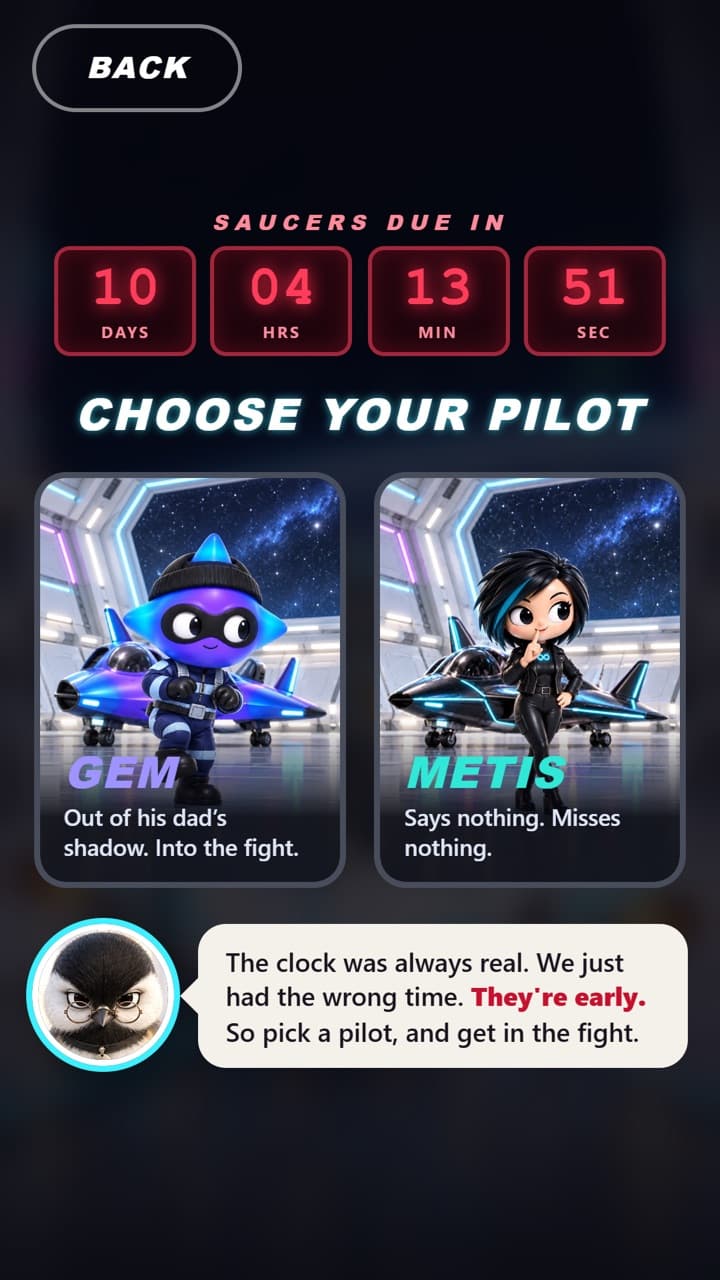 Choose your pilot: Gem or Metis, under a countdown to the saucers' arrival.