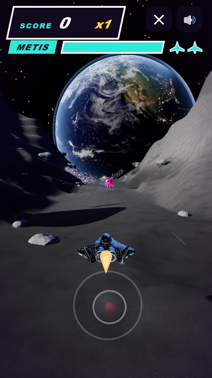 Flying low over the moon with the Earth in the sky, a saucer ahead and the flight stick below.