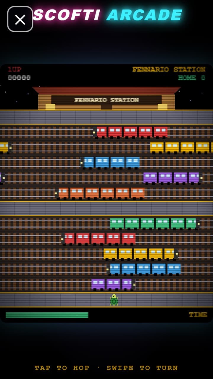 Fennario Station, the retro arcade bonus game: rows of trains to hop across.