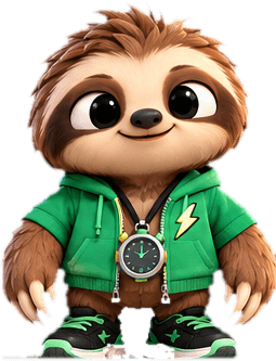 Sloth, the mascot: a sloth in a green hoodie with a stopwatch on a cord.
