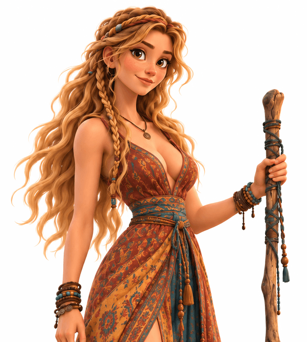 Tela, the mascot: a young woman with long honey-blond braided hair in a rust and saffron paisley dress, holding a wooden staff.